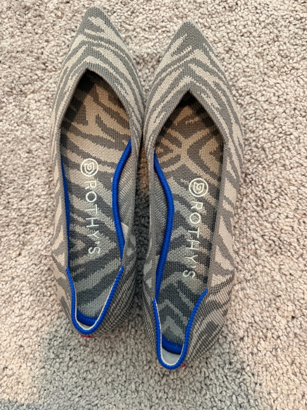 Rothy's Zebra-Print NWOT Pointed Knit Flats in Gray and Blue Trim